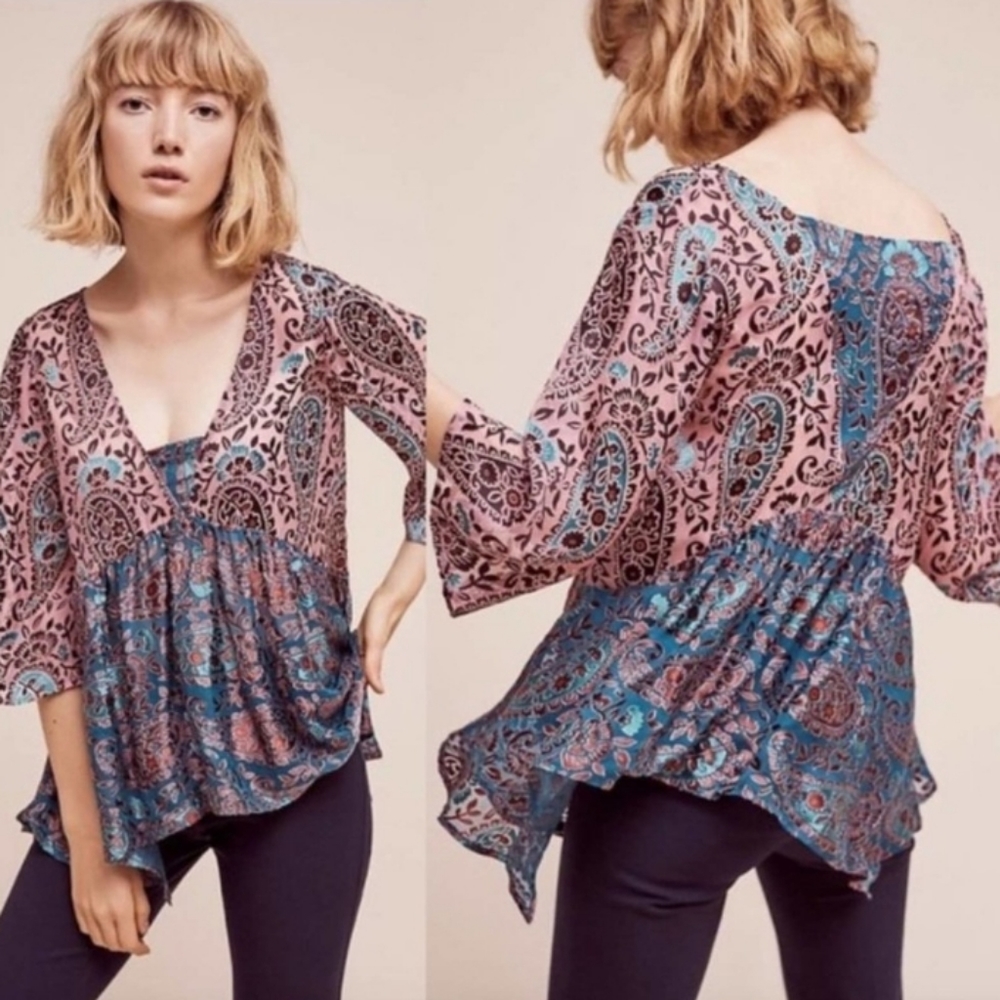 Floreat Anthropologie The Valo Sheer Peasant Silk Blend Paisley/Flora Top Sz S